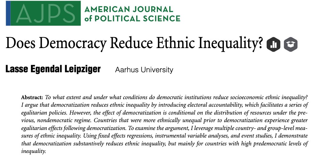 Does democracy reduce socioeconomic inequality between ethnic groups? Excited that my article addressing this question is now online (open access) at @ajpseditor. 🧵👇 doi.org/10.1111/ajps.1…