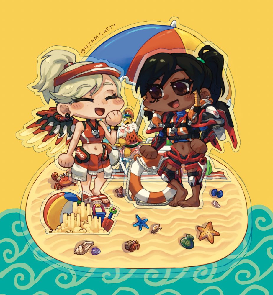 マーシー(オーバーウォッチ) ,ファラ(オーバーウォッチ) 「pharmercy beach standee  i'll probably p」|nyamのイラスト