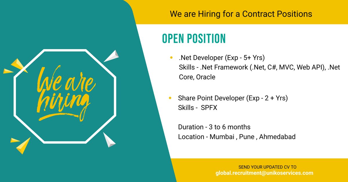 GulfUniko's tweet image. We have a Job opening for Contract Positions in Mumbai / Pune/ Ahmedabad
If you are interested , kindly share your updated cv to Global.recruitment@unikoservices.com
#recruitment #mumbai #pune #ahmedabad #contractjobs #jobopening #jobale#jobh#dotnetdeveloper #sharepointdeveloper