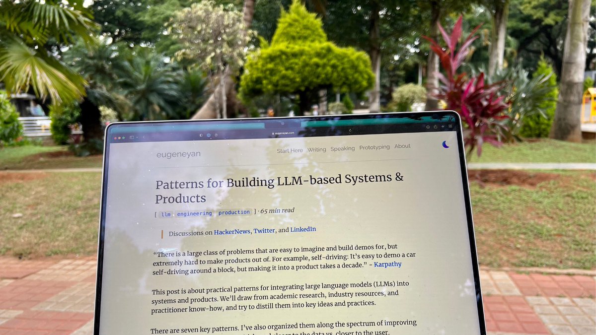 The most detailed and practical write up on applying LLMs! 🙏

This reads like a survey paper but written for the industry and applications

<a href="/eugeneyan/">Eugene Yan</a> is known as the best NLP writer for a reason. It’s the most comprehensive overview of patterns on building Large Language Models
