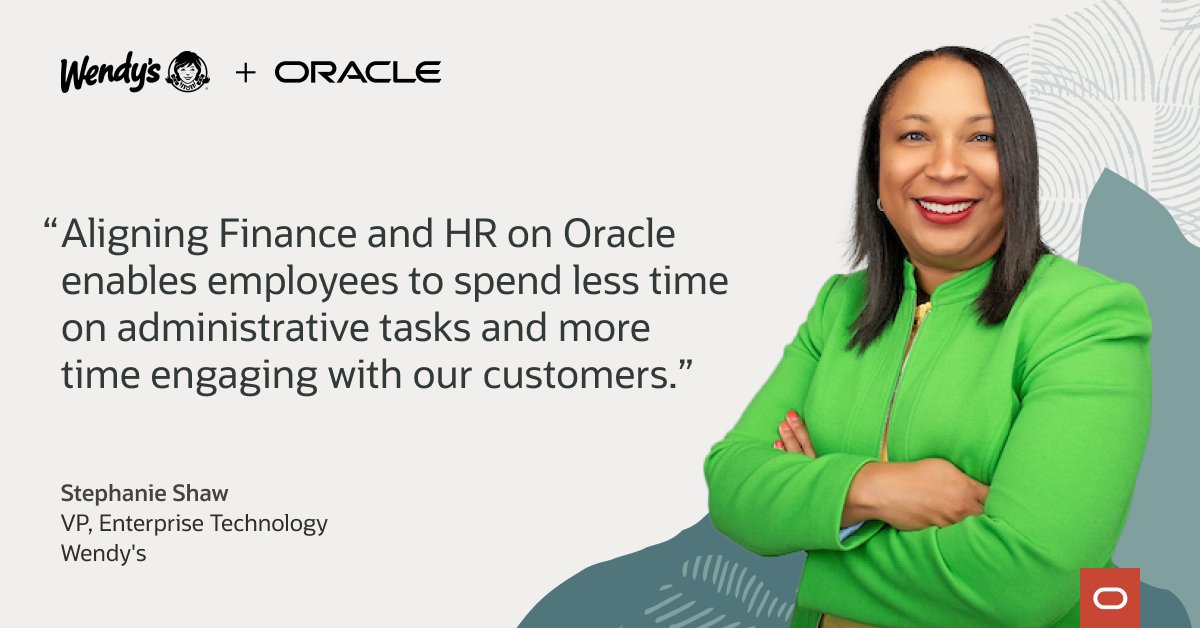 "Aligning #Finance and #HR on <a href="/Oracle/">Oracle</a> Fusion Applications Suite enables employees to spend less time on administrative tasks and more time thinking about and engaging with our customers.” - Stephanie Shaw, vice president of enterprise technology, <a href="/Wendys/">Wendy’s</a>. social.ora.cl/6014PjpK6
