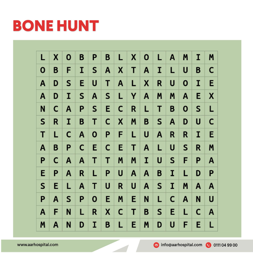 AarHospital's tweet photo. There are 10 bone-related words in this captivating challenge. Can you find them all?
Twende kazi, let the bone hunt begin.

#YourOneStopCare #BoneHunt #AARWordSearch #ALegacyOfCare https://t.co/VENDC6HsZq