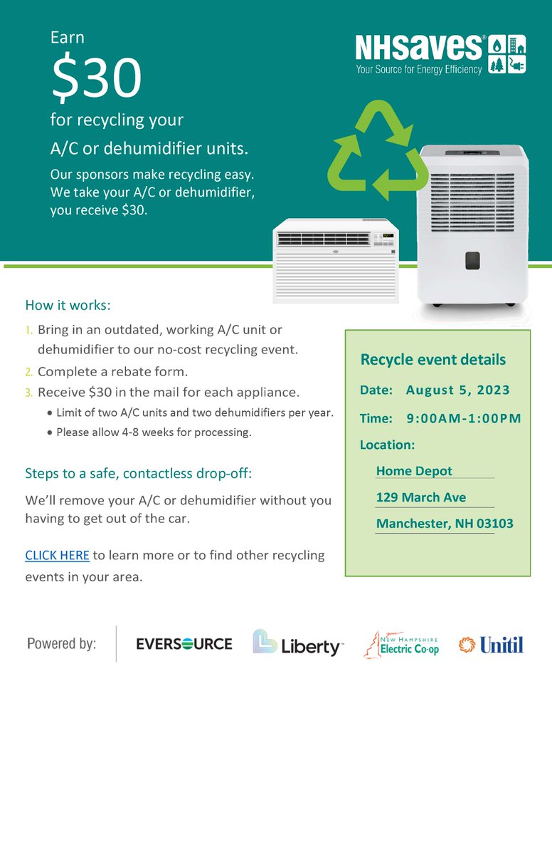 Bring an old A/C unit or dehumidifier (must be working) to the Home Depot on March Avenue in Manchester TOMORROW…9 A.M. – 1 P.M. and get $30 in the mail for each unit!