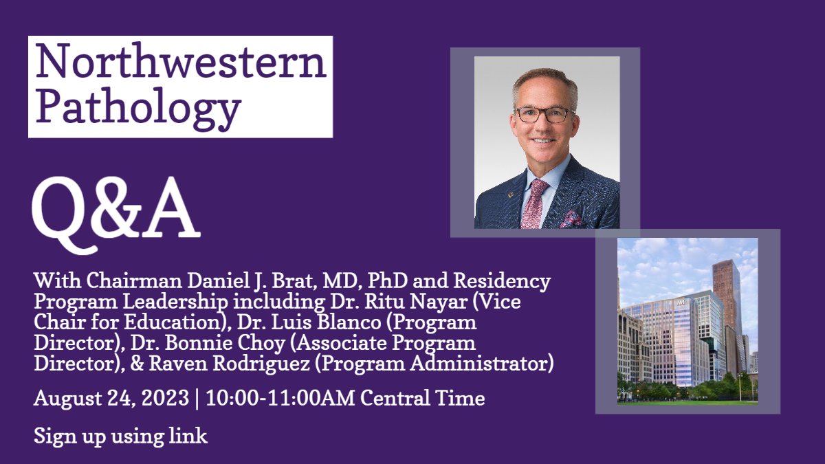 Northwestern Pathology (@nu_pathology) on Twitter photo Interested in a pathology residency at Northwestern Pathology? Join Chairman <a href="/DanielJBrat/">Daniel Brat, MD, PhD</a> and Residency Program Leadership for a Q&A on 8/24/23 from 10-11am CST! Register here: forms.gle/1M6goHWE4RwXkz…
#PurplePath #PathMatch24 #PathTwitter Interested in a pathology residency at Northwestern Pathology? Join Chairman <a href="/DanielJBrat/">Daniel Brat, MD, PhD</a> and Residency Program Leadership for a Q&A on 8/24/23 from 10-11am CST! Register here: forms.gle/1M6goHWE4RwXkz…
#PurplePath #PathMatch24 #PathTwitter