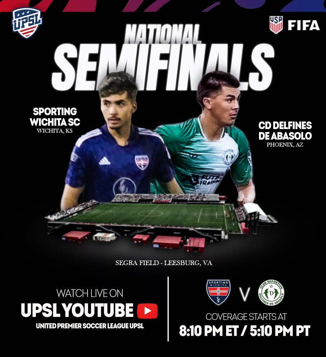 SEMIFINAL 2 🔥🔥

Sporting Wichita SC (Wichita, KS) 🆚 CD Delfines de Abasolo (Phoenix, AZ)

Watch live on the official UPSL YouTube channel 🖥️ Match coverage begins at 8:10pm ET / 5:10 PT

➡️ youtube.com/live/Gg1vq6O_B…

#UPSL #UPSLPlayoffs