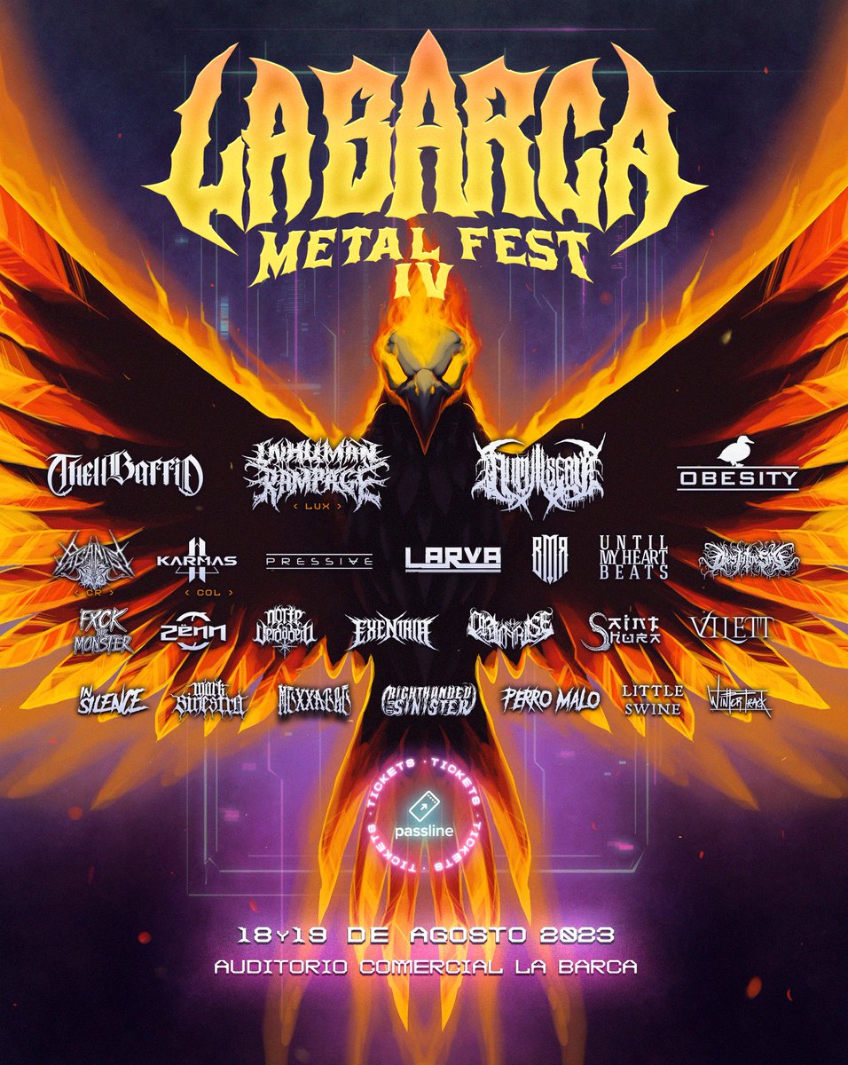 La Barca Metal Fest
18 y 19 de Agosto 
La Barca, Jalisco
📍 Auditorio Comercial La Barca 

Venta de Boletos: passline.com/eventos/la-bar…

<a href="/BarcaMetalFest/">La Barca Metal Fest</a>