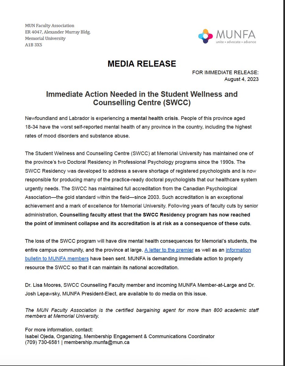 MUNFaculty's tweet image. MUNFA has issued the attached Media Release calling for immediate action in the SWCC  

📢 Email vpacad@mun.ca urging senior admin to value SWCC ASMs and secure the Residency Program's accreditation 📢    

Text of the release can be found here: munfa.ca/media-release-…