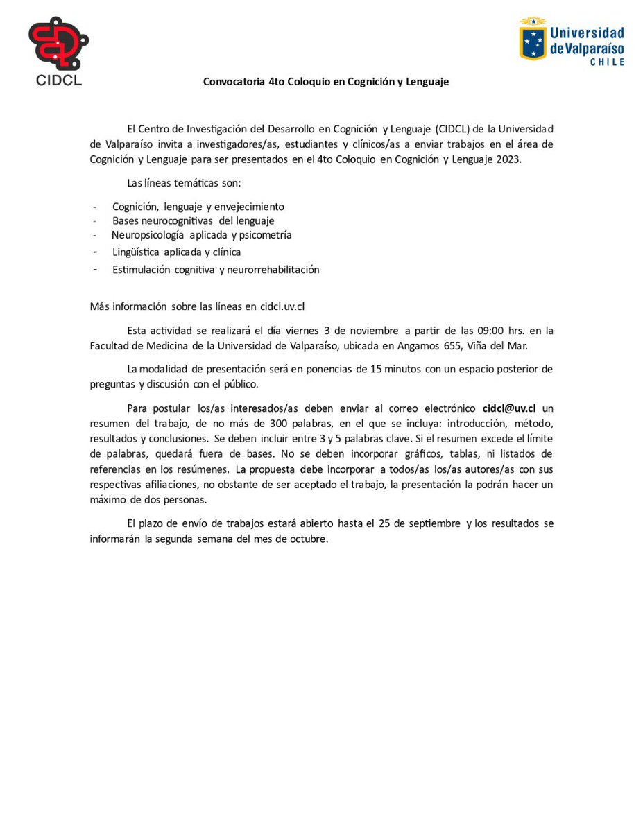 Se abre la convocatoria para enviar trabajos al 4to coloquio en cognición y lenguaje!!!