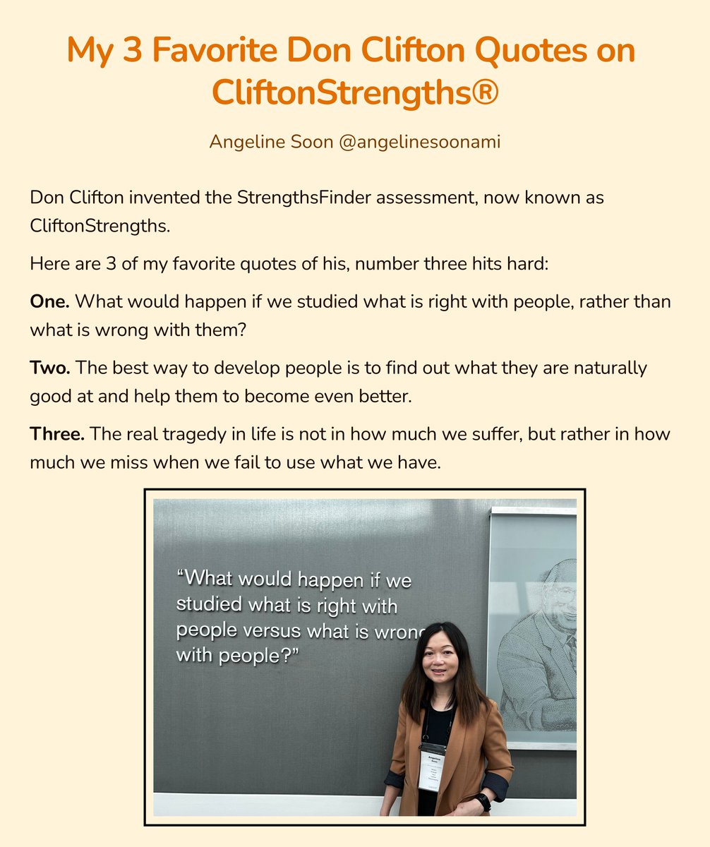 My 3 Favorite Don Clifton Quotes on CliftonStrengths® 

Don Clifton was an American psychologist and best known as the creator of the Clifton StrengthsFinder assessment. 

Three quotes that deeply resonates, and the last is grave call-to-action.

#Ship30for30
#CliftonStrengths