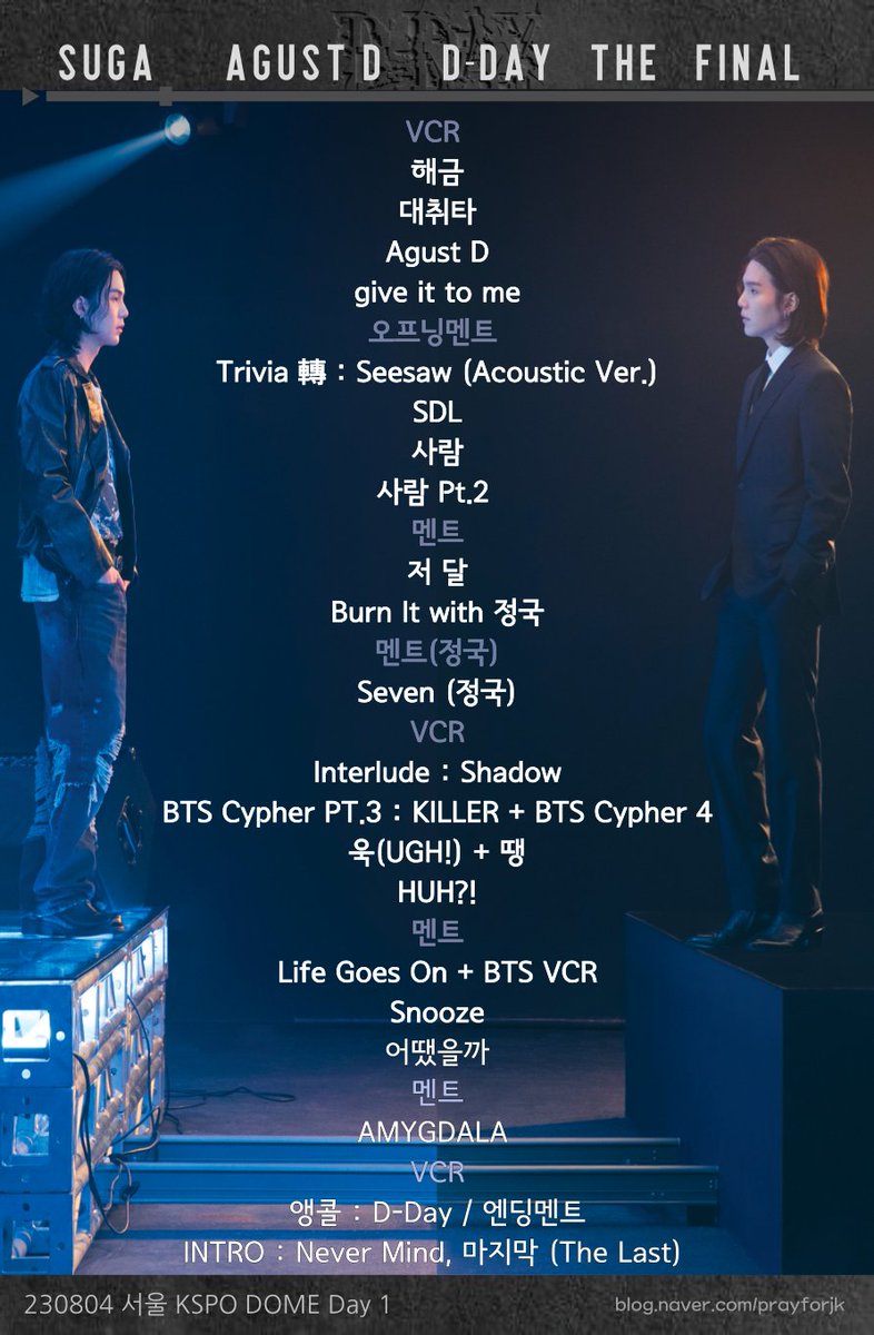 sugadangerscat's tweet photo. SUGA Agust D 'D-Day' THE FINAL 세트리스트 
- 230804 KSPO DOME Day1 https://t.co/5DSmO8xUYo