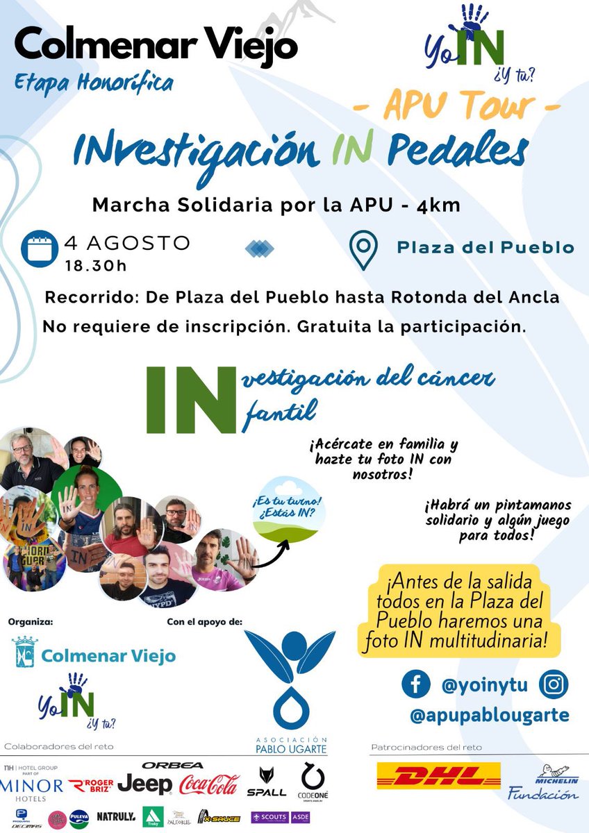 carlosblazquezr's tweet photo. 💙🕊️ Esta tarde parte desde la plaza del pueblo de #ColmenarViejo la #APUTour, una etapa honorífica por la investigación del #CáncerInfantil
🕞 19:00h
🚶♂️4 km
✅No requiere inscripción previa, la participación es gratuita
😊¡Te esperamos!
#yoinytu #investigacioncancerinfantil https://t.co/VW5P8puctL