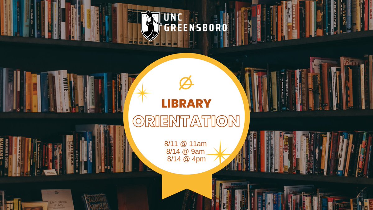 UNCG Libraries is hosting a small set of virtual orientations for new instructors, staff, and graduate students who want to get an introduction to library resources and services. 

Orientation Dates and Sign Ups:

8/11 @ 11am 
8/14 @ 9am
8/14 @ 4pm

go.uncg.edu/libvirtualorie…