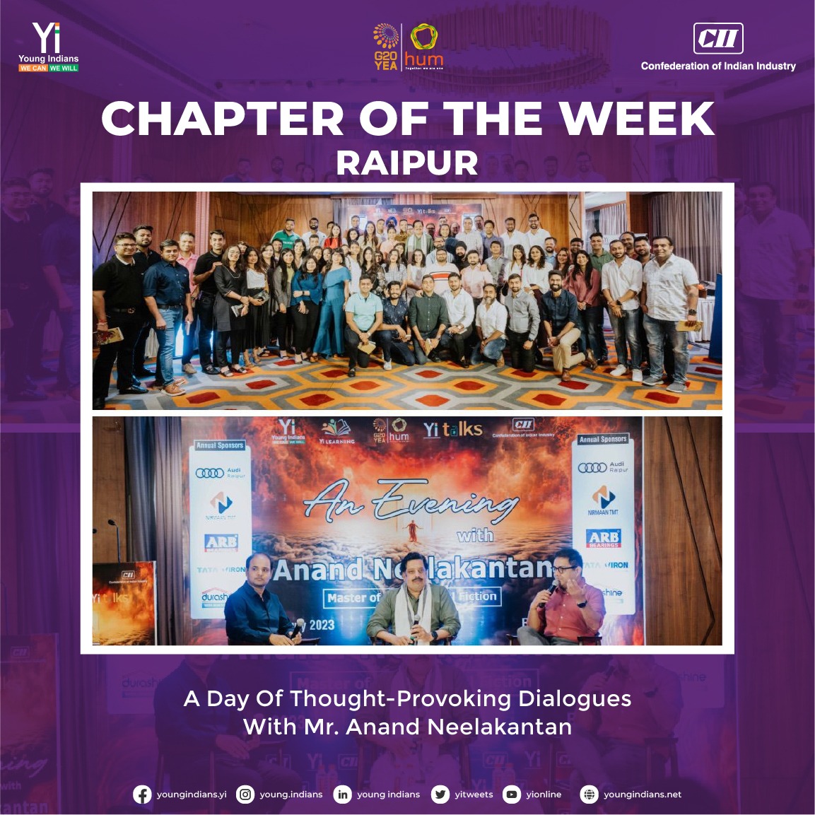 YiTweets's tweet photo. Kudos to #YiRaipur’s #LearningTeam for organising a #YiTalksSession, "An Evening of Mythological Intrigue," with the celebrated author, #AnandNeelakantan, who painted eye-opening landscapes of the #Mahabharata. The event witnessed over 110 #YiMembers.

#CII #Yi #NationBuilding https://t.co/CdA5dm1KMP
