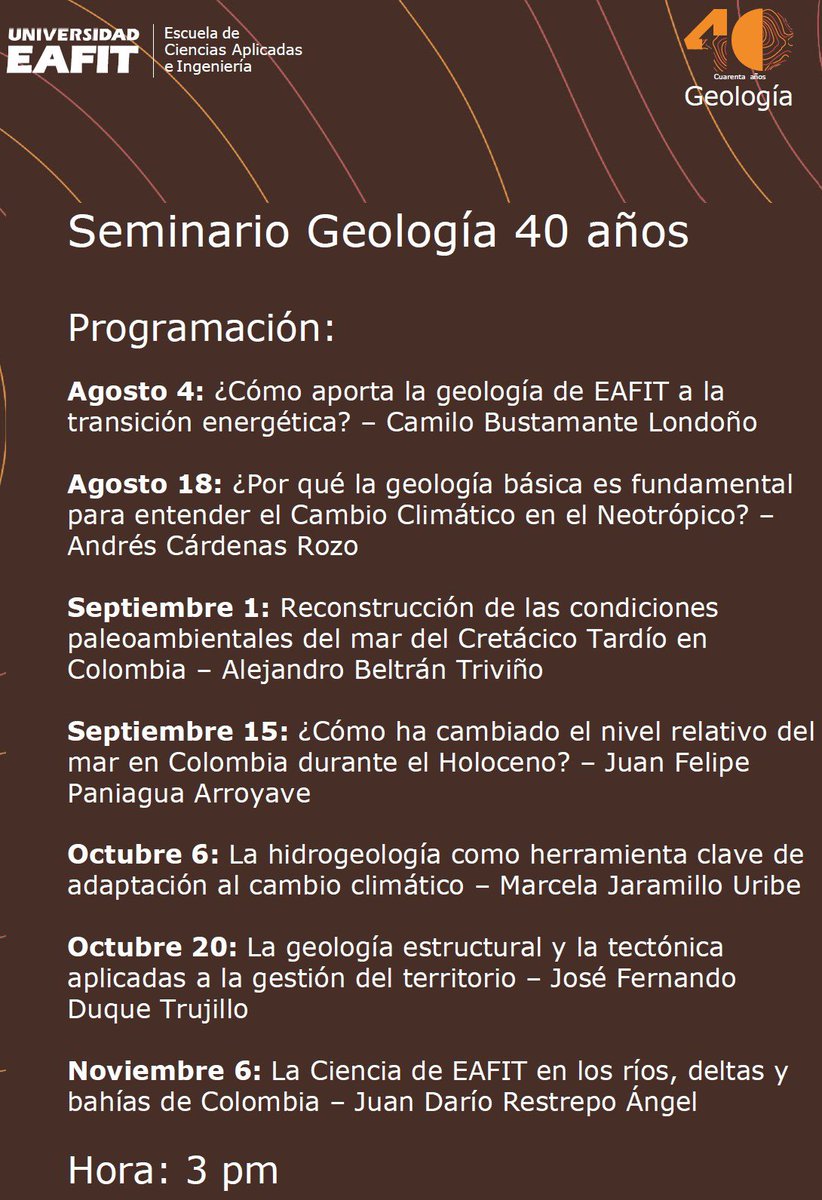 IsaRpoC1's tweet photo. En el marco de los 40 años del pregrado de Geología de @EAFIT se tienen programadas estas charlas a las 3 pm, con acceso virtual en este link: https://t.co/6X8qadOicM https://t.co/fLohaj3BC6