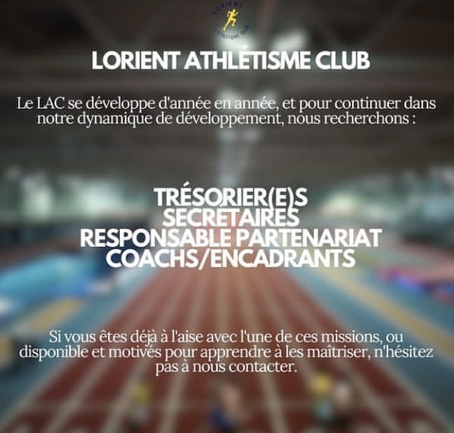 Pour poursuivre notre développement
Le Lorient Athlétisme Club de la <a href="/VilledeLorient/">Ville de Lorient</a> recherche des bénévoles dans différents domaines:
- Tresorier 
- Secretariat 
- Responsable Communication 
- Encadrants / Entraîneurs 
- Juges / officiels 

Informations : 0661938155 m