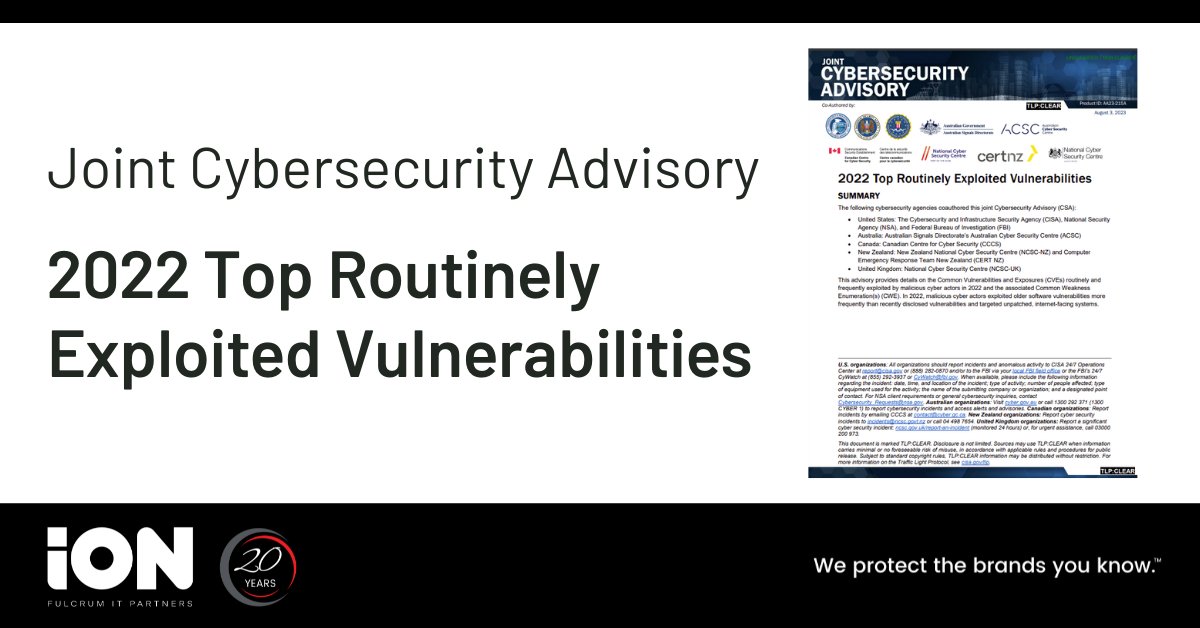 ionunited's tweet photo. This Joint Cybersecurity Advisory details the top routinely exploited vulnerabilities and exposures identified by agencies from Canada, US, UK, New Zealand, and Australia.

View the full report at: https://t.co/zFrvLny2rd

#cybersecurity #cybersecurityawareness https://t.co/GgiMqMVtOJ