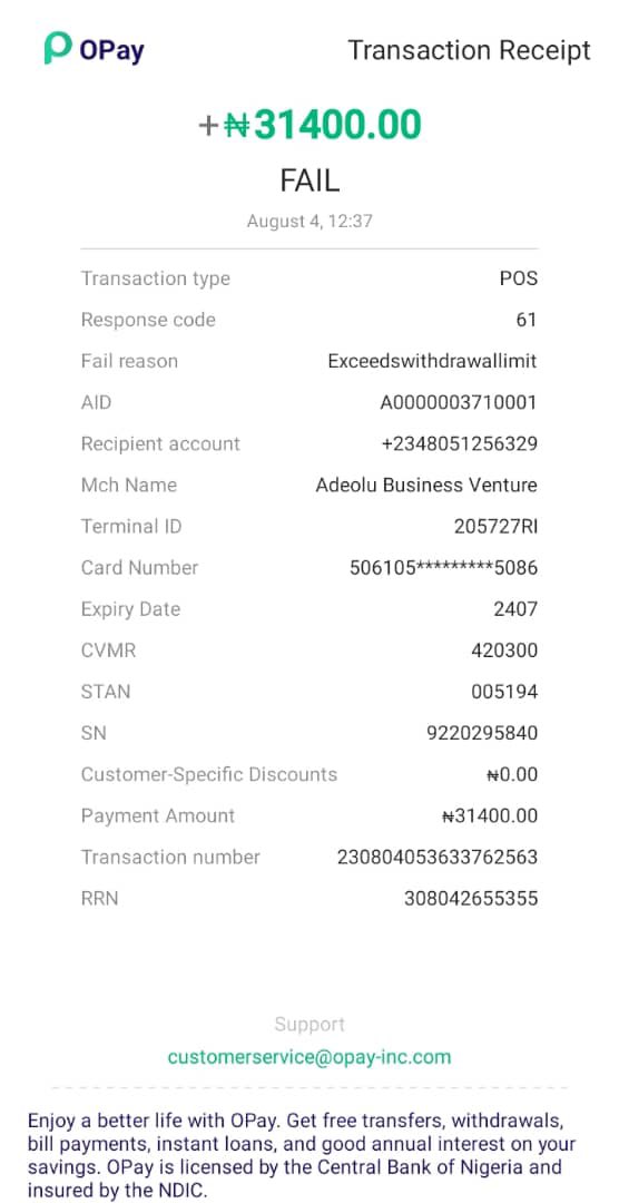 iam_jamesbright's tweet photo. @__communicator_ @OPay_NG please help, this transaction was approved on my Pos machine and I cashed out. And it eventually indicated failed and wasn’t deposited into my wallet. https://t.co/BmvAu37ygc