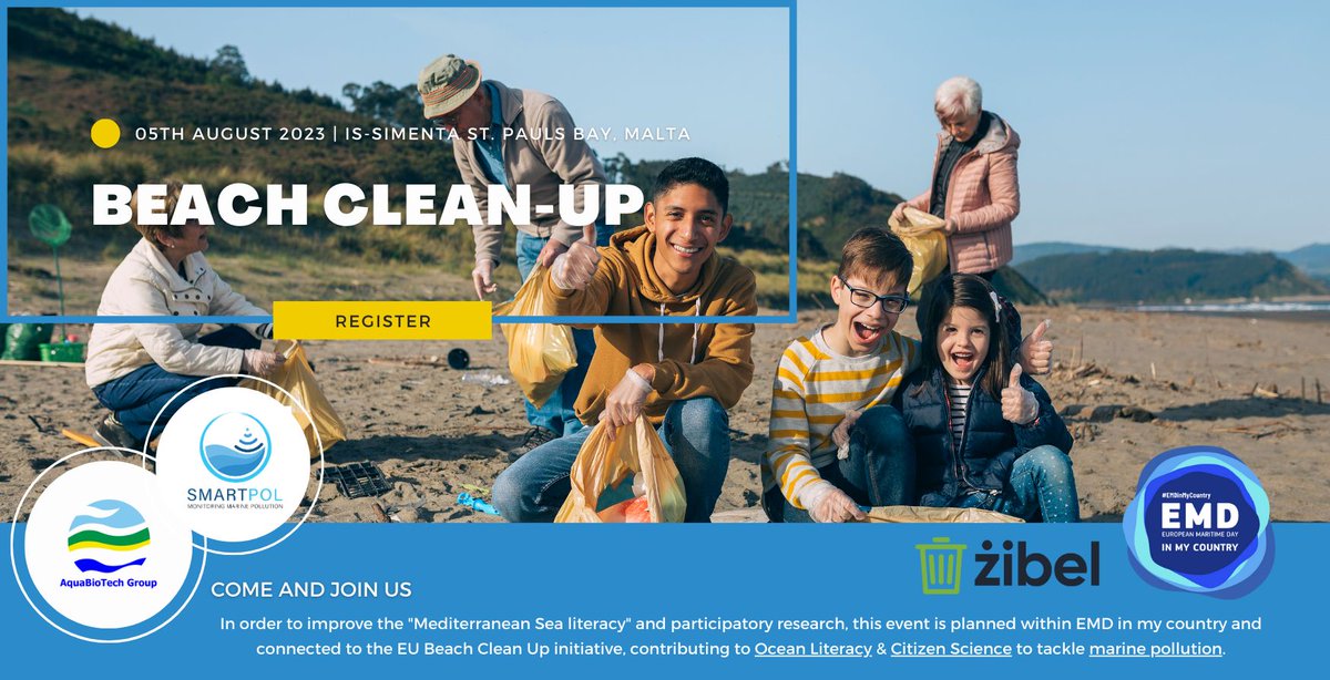Smartpolproject's tweet photo. 📢Register for our Beach Clean-up jointly organised by @aquabt &amp; #Żibel
➡ Register🔗https://t.co/g5rT7cFdyh
📍 St Paul's Bay, Malta
⏰ August 5 | 9:00-14:00
🎯 Families in #Malta
🌊 Our goal is to improve Med Sea Literacy
➡ More info https://t.co/4s2Oad4slO
#ArtScience #EMD2023 https://t.co/IhHRiohdue