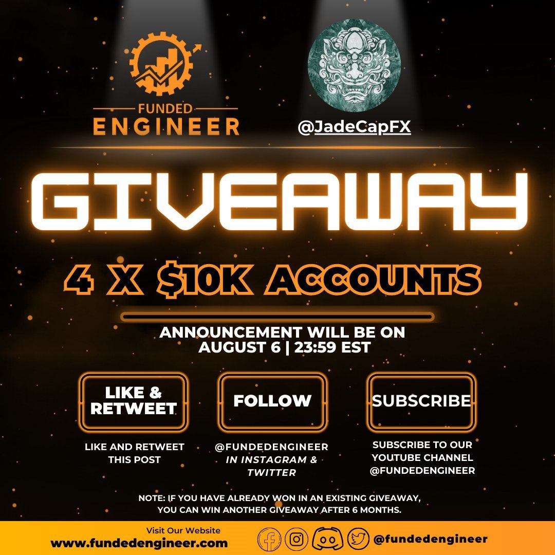 To celebrate the -9% DD to +5% phase 2 challenge at @fundedengineer. I am partnering with them to give away 4x $10K accounts!

Just follow the instructions below and a winner will be selected on August 6th at 11:59 PM EST.