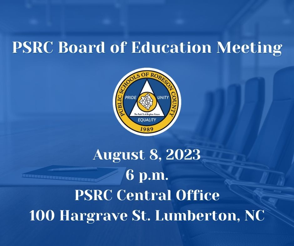 PSRCEDU's tweet photo. The PSRC Board of Education will meet Tuesday, August 8, 2023, at 6 p.m. at PSRC Central Office located at 100 Hargrave Street in Lumberton.

To sign up for the public comments section of the meeting or to learn more, please click the following link: https://t.co/0krVAPm4TE https://t.co/GJqevOBgtp