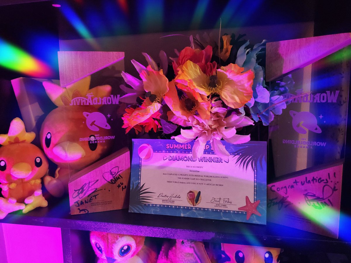 strixxline's tweet photo. My fifth SummerCamp over on @WorldAnvil and my third Diamond win! Officially on a diamond streak 🥰 Thank you @dimitrisromeo and @Janet_DB_Forbes for all of the encouragement and adventures! #WASummerCamp #worldbuilding #writercommunity https://t.co/XYORHrnldh