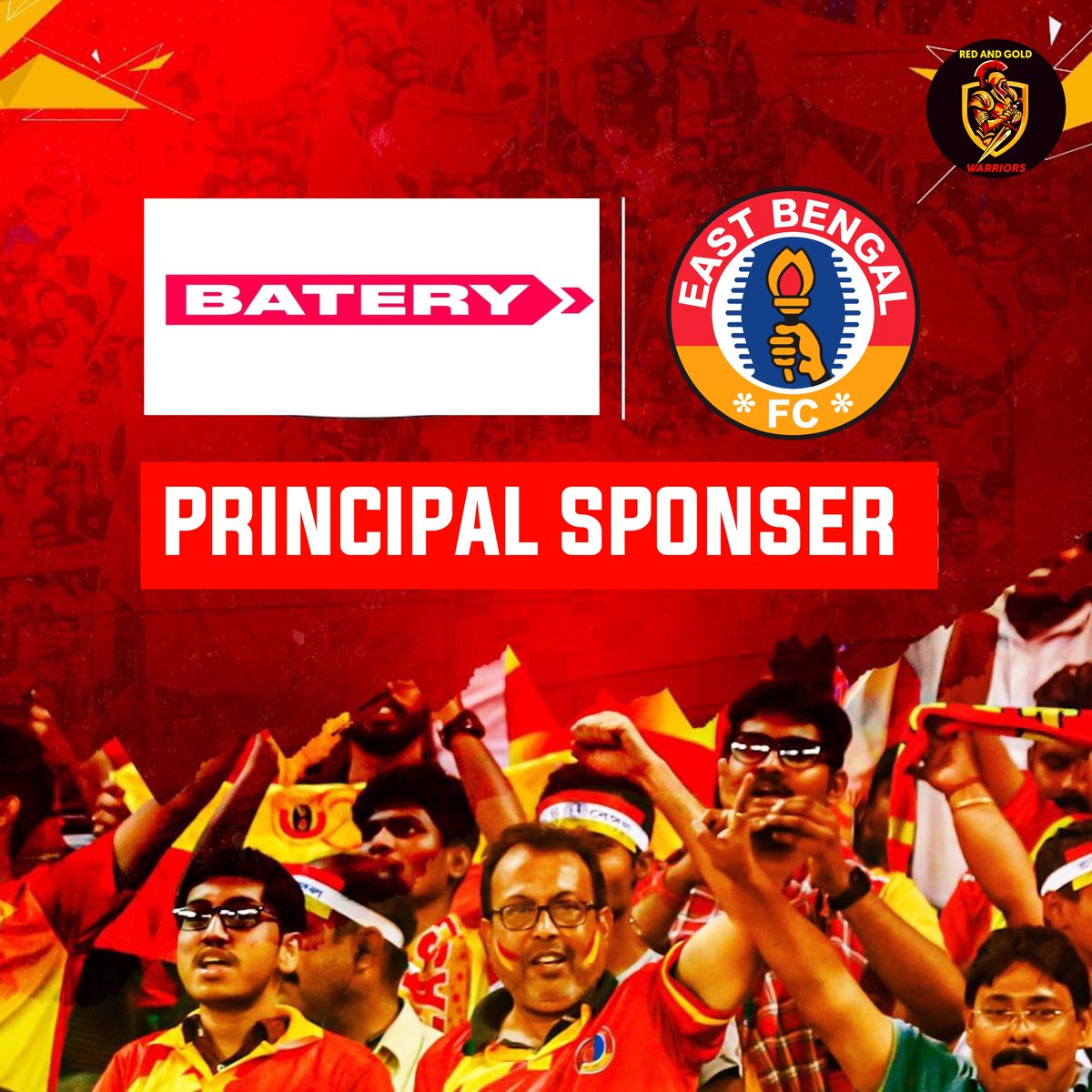 RG_Warriors's tweet photo. #UPDATE 🔴🟡

BATERY, a newly-launched game-tech platform, has entered into a partnership with East Bengal FC as their principal sponsor for the 2023-24 season. 

#EastBengalFC #JoyEastBengal #IndianFootball   @eastbengal_fc #redandgoldwarriors  #principalsponsor
#batery https://t.co/P7Ad2eaVck