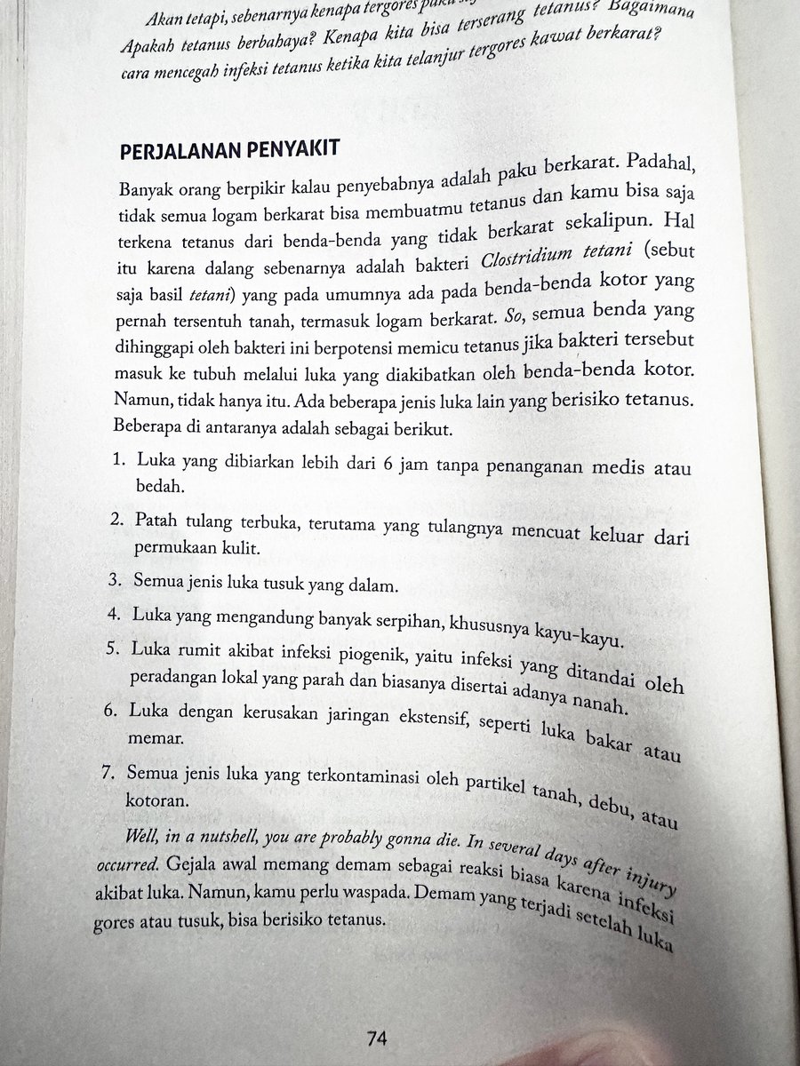 Saya Ners, bukan dokter 😁🙏🏻
Garpu, kayu, seng, atau apapun itu yg bikin luka kita terkontaminasi oleh partikel tanah, debu, atau kotoran krn alat2 tsb kotor, bikin kita berisiko tetanus.
Aku sdh ngejabarin jenis luka apa aja yg berisiko tetanus di buku Andai Sel-Sel dalam