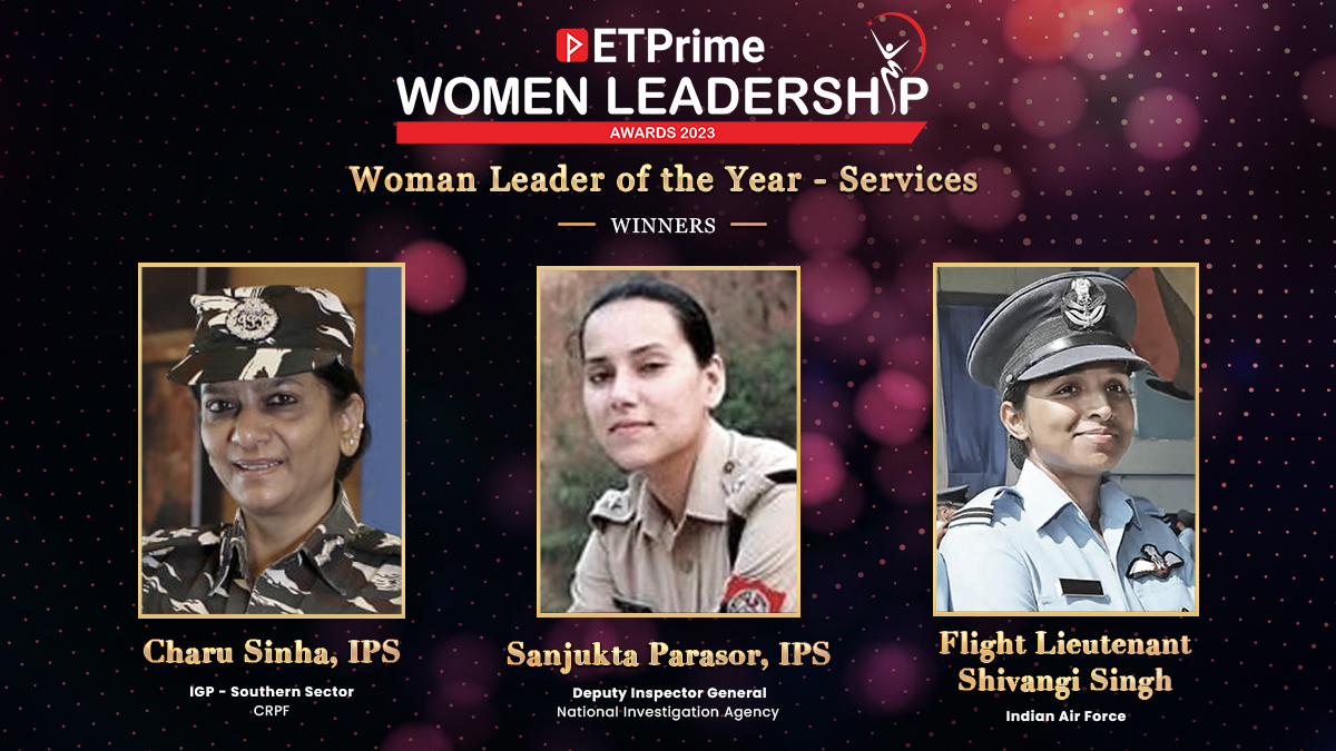 Meet the winners of the #ETPWLA 2023 Woman Leader of the Year - Services category: Charu Sinha, IGP - Southern Sector, CRPF – the first woman officer to lead four CRPF sectors; Flight Lieutenant Shivangi Singh, IAF – the first woman pilot to fly the Rafale fighter jet; Sanjukta