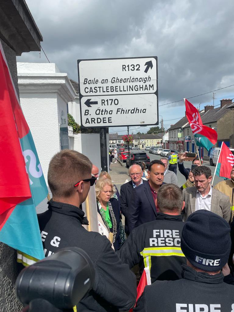 SIPTU's tweet photo. Our members made it clear to the Taoiseach in Dunleer today. 

He needs to use his office to make a better offer to resolve #FireStrikes and his Government must honour its promise to sort out a fair pay deal for retained firefighters. 

#SummerofSolidarity ☀️ https://t.co/9cfbo9yz8r