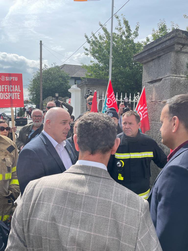 SIPTU's tweet photo. Our members made it clear to the Taoiseach in Dunleer today. 

He needs to use his office to make a better offer to resolve #FireStrikes and his Government must honour its promise to sort out a fair pay deal for retained firefighters. 

#SummerofSolidarity ☀️ https://t.co/9cfbo9yz8r