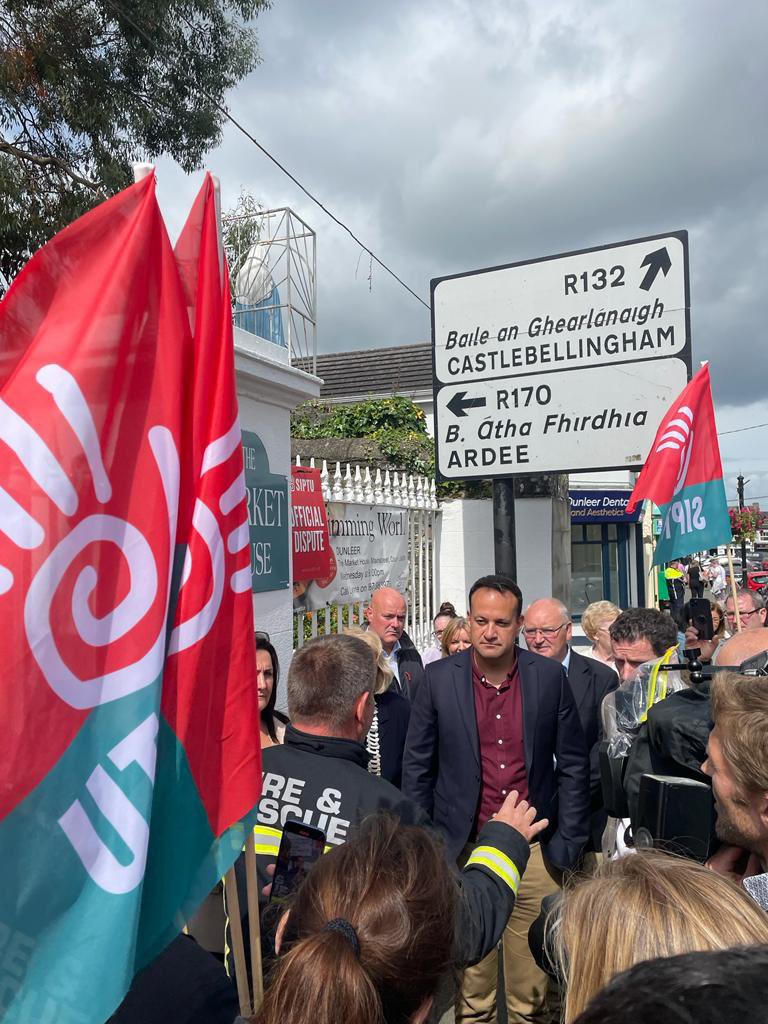 SIPTU's tweet photo. Our members made it clear to the Taoiseach in Dunleer today. 

He needs to use his office to make a better offer to resolve #FireStrikes and his Government must honour its promise to sort out a fair pay deal for retained firefighters. 

#SummerofSolidarity ☀️ https://t.co/9cfbo9yz8r