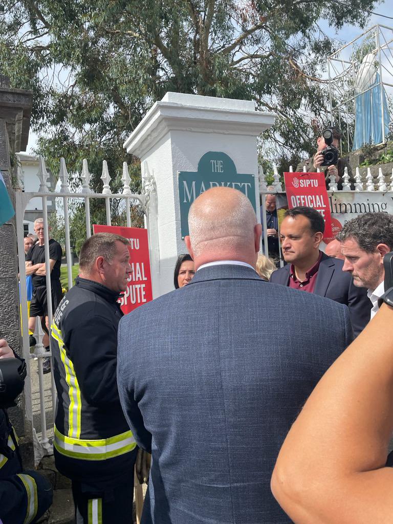 SIPTU's tweet photo. Our members made it clear to the Taoiseach in Dunleer today. 

He needs to use his office to make a better offer to resolve #FireStrikes and his Government must honour its promise to sort out a fair pay deal for retained firefighters. 

#SummerofSolidarity ☀️ https://t.co/9cfbo9yz8r