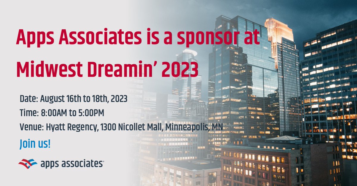 AppsAssociates's tweet photo. Midwest—are you ready for your head to be up in the clouds? ☁️ Join us at Midwest Dreamin', Minneapolis, MN, Aug 16-18, 2023, to explore the latest in enterprise transformation with Apps Associates. https://t.co/BBk1NAVWic 

#MidwestDreamin #EnterpriseTransformation #TechAdvisors https://t.co/fLa8CU9O0Z