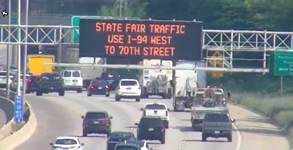 WisconsinDOT's tweet image. The @wistatefair opened yesterday! We've activated several message boards to help navigate the hundreds of thousands of fairgoers. If you’re in the area or attending, drive carefully and remember to use 511wi.gov for the latest traffic information. #WIStateFair
