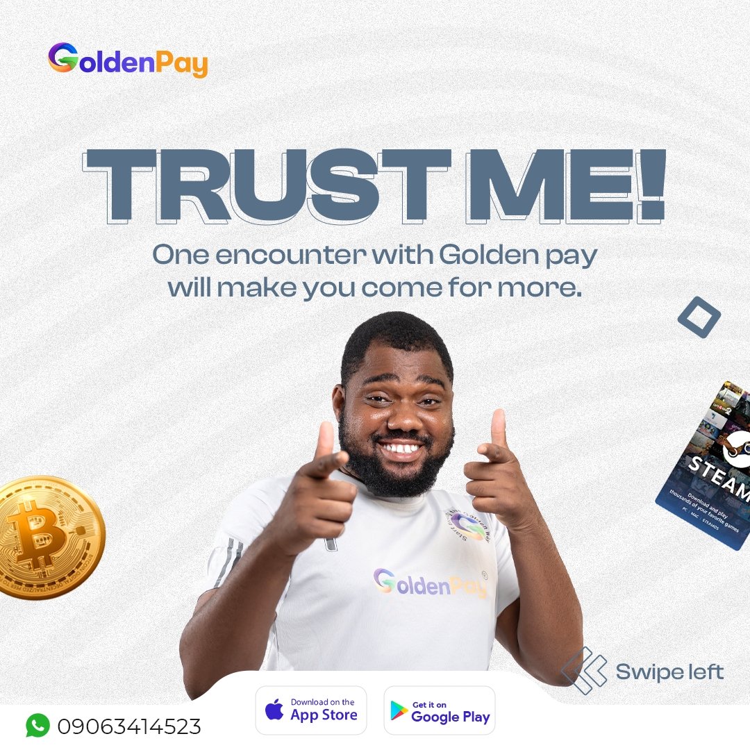 Goldenpayapp's tweet photo. When you trade with us, be rest assured you will come back again.

#goldenpayapp #goldenpay #goldenxchange
#Allyourneedsinoneapp #starttradingthegoldenway #nostressnohasslejustalerts #tradethegoldenway #cryptocurrency #cryptotrading #giftcards #trader #crypto #crypoinvestor https://t.co/o6BAgLp9vs
