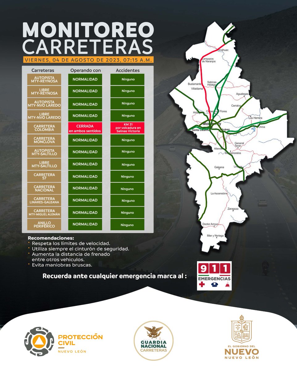 PC_NuevoLeon's tweet photo. Se comparte al momento la situación de las carreteras y autopistas que convergen por nuestro Estado de Nuevo  Leon. 

⚠️ Vialidad Cerrada en ambos sentidos por accidente de vehículo automotor tipo volcadura en Carretera Colombia en km 31, en Salinas Victoria  ⚠️ https://t.co/OMXiXgY4Pw