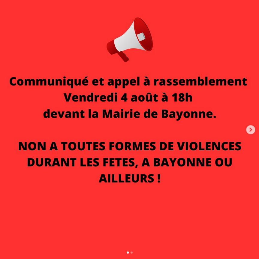 #fetesdebayonne  Décès d'un homme,  suite à une violente agression; mais aussi  4 plaintes pour viols : Cela doit suffire ! <a href="/MediabaskInfo/">Mediabask info</a> <a href="/SO_Paysbasque/">SO_Paysbasque</a>
<a href="/F3euskalherri/">France3 Euskal Herri Pays Basque</a> @Bleu_Basque <a href="/euskalirratiak/">Euskal Irratiak</a> @Arcolan_Pau <a href="/CouleursLGBTI40/">Nos Couleurs LGBT+ Landes</a> <a href="/FederationLGBTI/">Fédération LGBTI+</a>
@FSGL_org <a href="/DILCRAH/">DILCRAH</a>