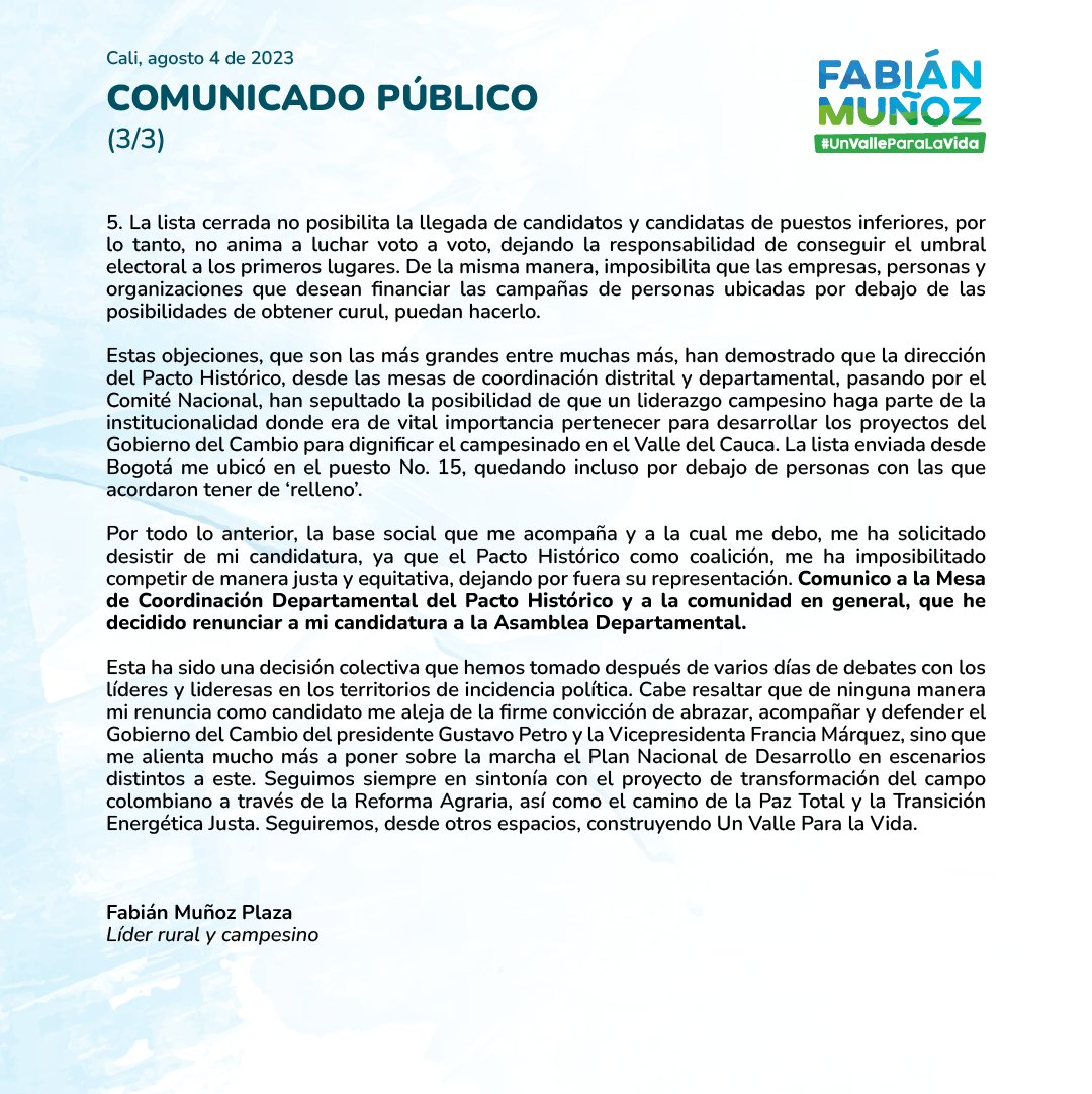 FabianMRural's tweet photo. Comunicado mediante el cual RENUNCIO a mi candidatura a la Asamblea Departamental del Valle por el @PactoCol. Sigo en la firme convicción de abrazar y defender el #GobiernodelCambio y la implementación del Plan Nacional de Desarrollo como hoja de ruta para dignificar el campo.🌱 https://t.co/LlTDvzQ8Si