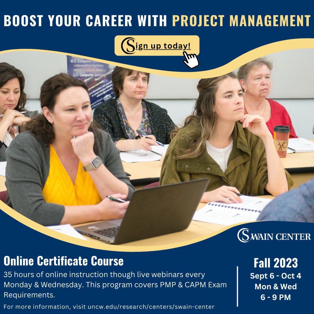 Want to take your career to the next level? Sign up for our Project Management Certificate program beginning September 6th.

Sign up at uncw.edu/research/cente…

#pmp #capm #projectmanagement #execed #elearning