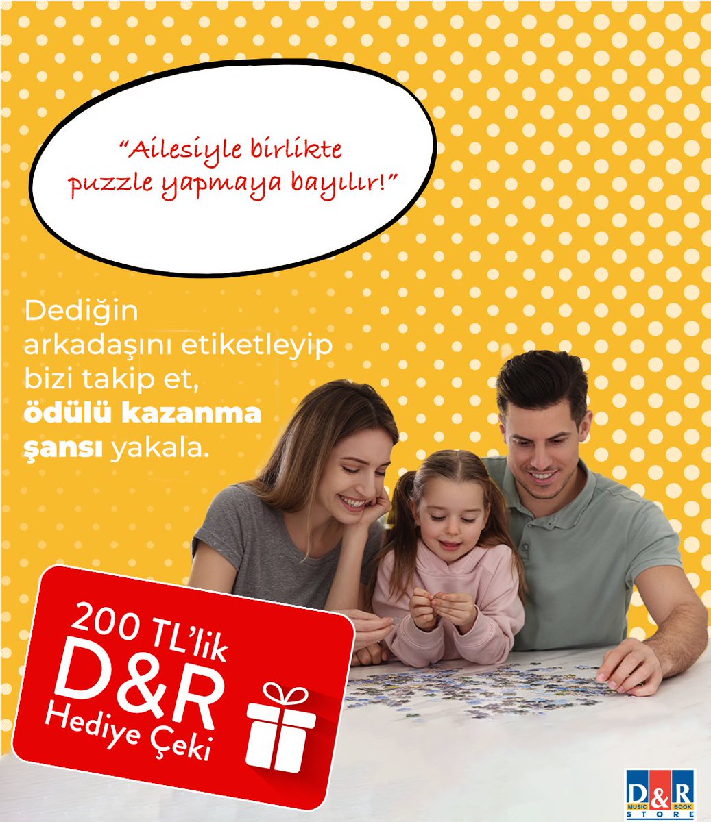 Sadece takipçilerimize özel, Cuma şansı D&amp;R yarışması bu hafta puzzle tutkunları için geliyor! Bizi takip edip "Ailesiyle birlikte puzzle yapmaya bayılır!" dediğin arkadaşını bu postun altına etiketle, 200 TL'lik D&amp;R hediye çeki kazanma şansı yakala!
