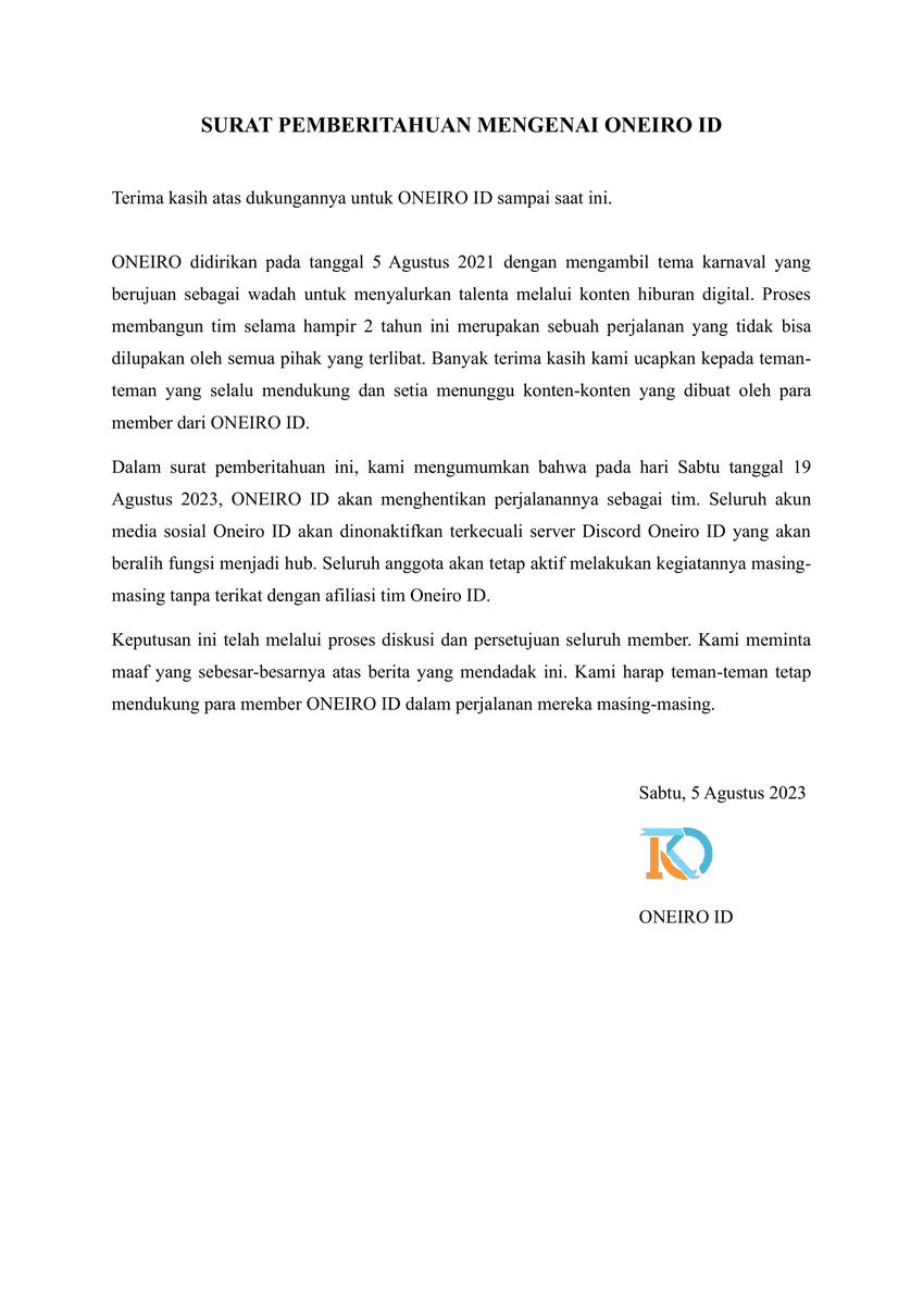 Oneiro_ID's tweet photo. [PENGUMUMAN MENGENAI ONEIRO ID] https://t.co/6glN4LnOUZ