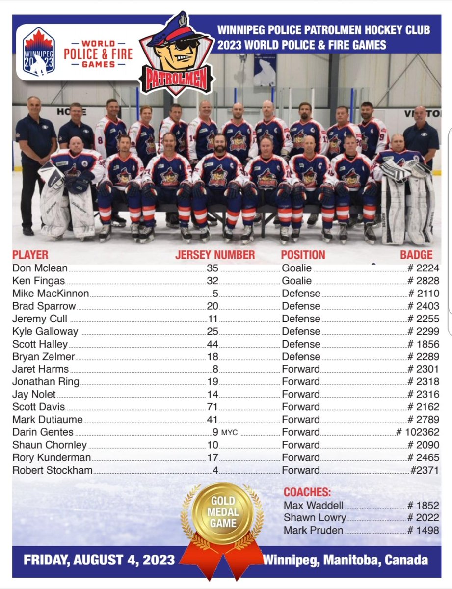 Gold Medal Game today for ice hockey <a href="/WPFG2023/">World Police & Fire Games Winnipeg 2023</a> 430pm at the Scotia Hockey For All Centre. Come cheer on the <a href="/wpgpolice/">Winnipeg Police</a> <a href="/PatrolmenHockey/">Winnipeg Patrolmen </a> #GoingForGold #Here4WPFG #FillTheRink  <a href="/TomMcGouran/">Tom McGouran</a> <a href="/joeaiellowpg/">Joe Aiello</a> @staylorsports <a href="/BostonPizzaWPG/">Boston Pizza WPG</a> <a href="/nofrillsCA/">No Frills</a>