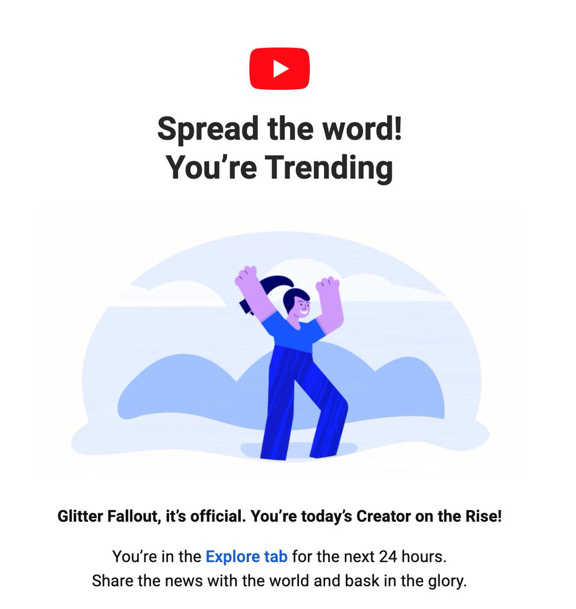 glitterfallout's tweet photo. Wait. WHAT? HOW?
I’m apparently @YTCreators’s Creator on the Rise for the day! 🔥 You'll see me on the Explore page for the next 24 hours WHAT AND HOW. #CreatorOnTheRise:  https://t.co/FD3cQQyy0W 

@YouTube https://t.co/tgDoXgtHmE