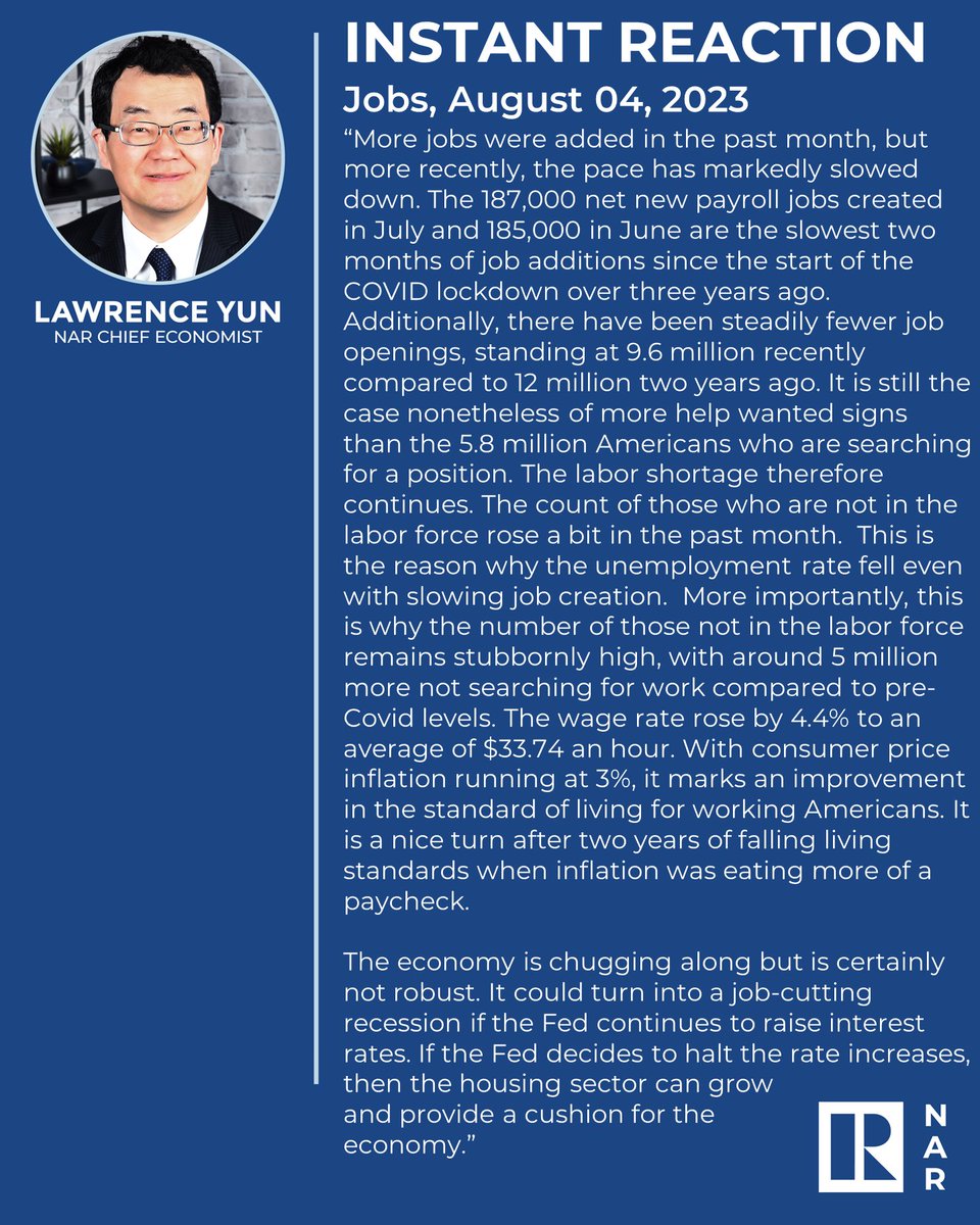 Instant Reaction: Jobs, August 4, 2023. "More jobs were added in the past month, but more recently, the pace has markedly slowed down." spr.ly/6010PjnKr