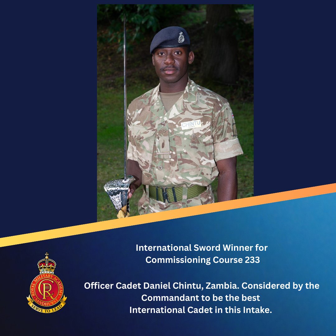 RMASandhurst's tweet photo. Commissioning Course 233, at the Royal Military Academy Sandhurst, will complete next week with the Sovereign's Parade. The International Sword is awarded to Officer Cadet Daniel Chintu, Zambia. 

#Best #RMAS #Sandhurst #Zambia #Army #international https://t.co/vn4pDXUSk5