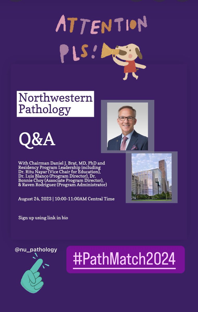 Interested in a pathology residency at Northwestern Pathology? Join Chairman @DanielJBrat and Residency Program Leadership for a Q&A on 8/24/23 from 10-11am CST! Register here: forms.gle/1M6goHWE4RwXkz… #PurplePath #PathMatch24 #PathTwitter #Path2Path 💜