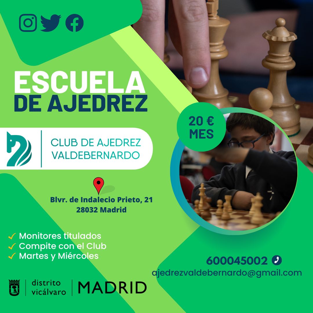 Valdeberchess's tweet photo. ¿Harto de estudiar solo? ¡Únete a la escuela de ajedrez del club! Y además todos los sábados podrás poner en práctica lo aprendido en las 5 partidas de 15'+2" #Ajedrez #Chess #escuela #vicalvaro #valdebernardo #madrid https://t.co/fRpVMwsudt