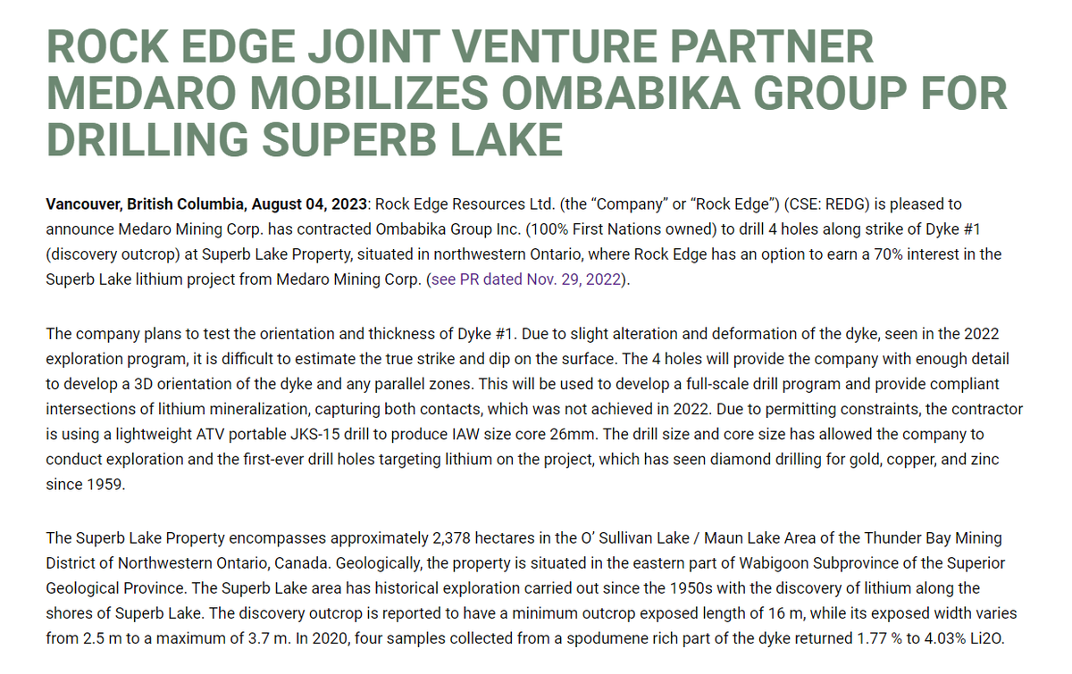 resources_edge's tweet photo. ROCK EDGE JOINT VENTURE PARTNER MEDARO MOBILIZES OMBABIKA GROUP FOR DRILLING SUPERB LAKE

$REDG is pleased to announce Medaro Mining has contracted Ombabika Group (100% First Nations owned) to drill 4 holes along strike of Dyke #1 (discovery outcrop) at Superb Lake Property. https://t.co/fYEFfUjGy2