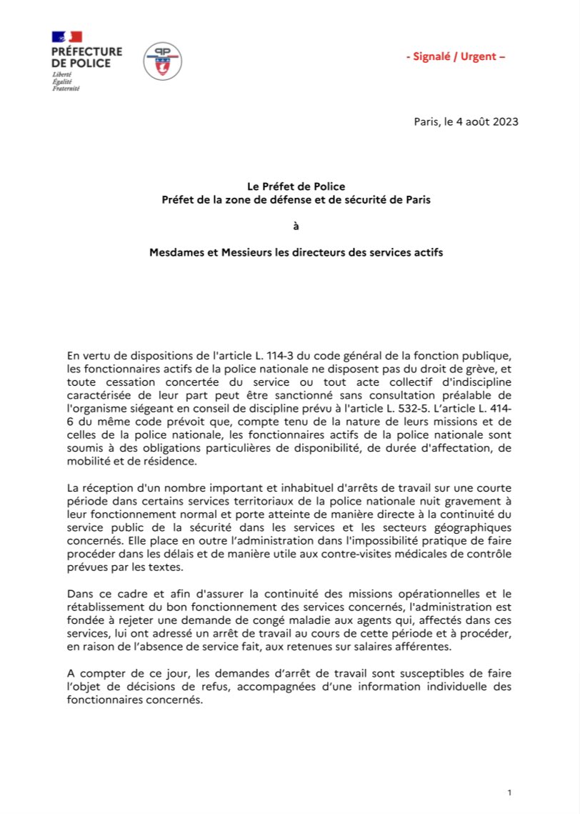 info_Paris_IDF's tweet photo. 🔴 FLASH - #Code562 dans la police : Le Préfet de Police de #Paris annonce, dans un communiqué, que "les demandes d'arrêt de #travail sont susceptibles de faire l'objet de décisions de refus".

👉 Cela fait suite au nombre important de #policiers en arrêt ces derniers jours. https://t.co/9vNWmzLLxz
