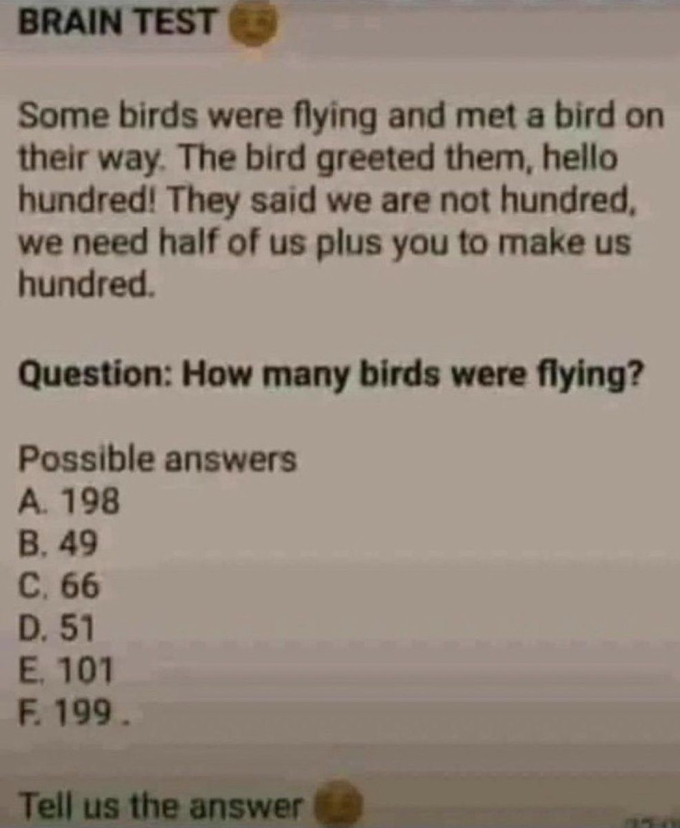 omwambaKE's tweet photo. BRAIN TEASER.
How many birds were flying? https://t.co/apTbGgnsgR